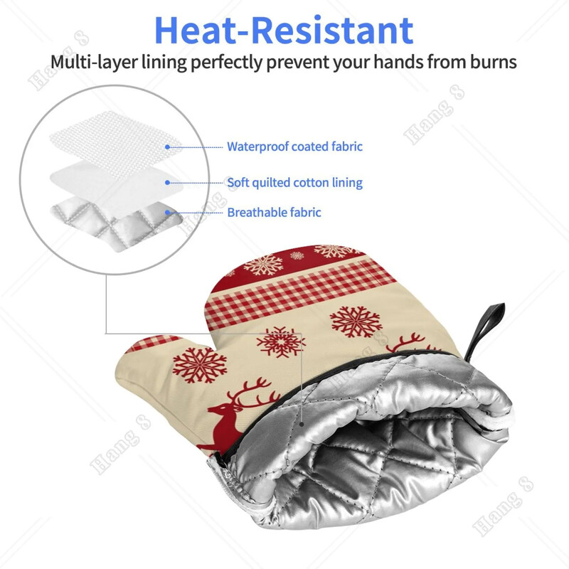 Karácsonyi rénszarvas hópelyhek tartán sütőkesztyű 2db férfi női főzés grillezéshez hőálló nyomtatási ajándék egy méretű konyhai kesztyű