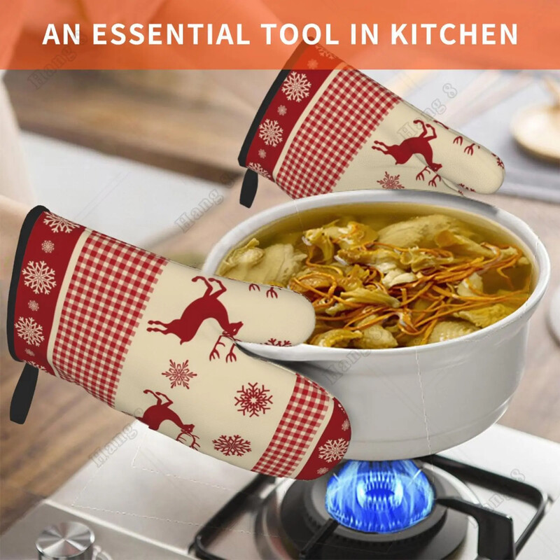 Karácsonyi rénszarvas hópelyhek tartán sütőkesztyű 2db férfi női főzés grillezéshez hőálló nyomtatási ajándék egy méretű konyhai kesztyű