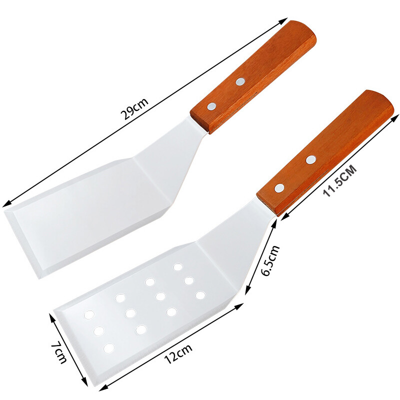 Nerūdijančio plieno mentelės suktuvas su nuožulniais kraštais kietmedžio rankena, skirta ketaus plokščio viršaus grilio grotelių grandikliui mėsainio kepsninėje