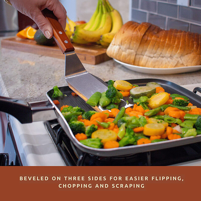 Nerūdijančio plieno mentelės suktuvas su nuožulniais kraštais kietmedžio rankena, skirta ketaus plokščio viršaus grilio grotelių grandikliui mėsainio kepsninėje