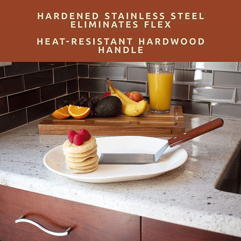 Nerūdijančio plieno mentelės suktuvas su nuožulniais kraštais kietmedžio rankena, skirta ketaus plokščio viršaus grilio grotelių grandikliui mėsainio kepsninėje