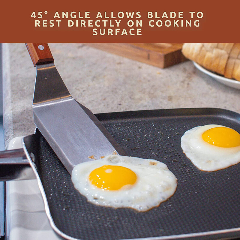 Nerūdijančio plieno mentelės suktuvas su nuožulniais kraštais kietmedžio rankena, skirta ketaus plokščio viršaus grilio grotelių grandikliui mėsainio kepsninėje