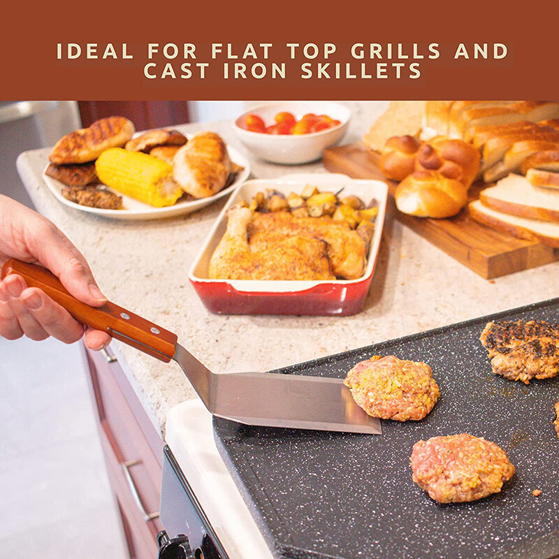 Nerūdijančio plieno mentelės suktuvas su nuožulniais kraštais kietmedžio rankena, skirta ketaus plokščio viršaus grilio grotelių grandikliui mėsainio kepsninėje