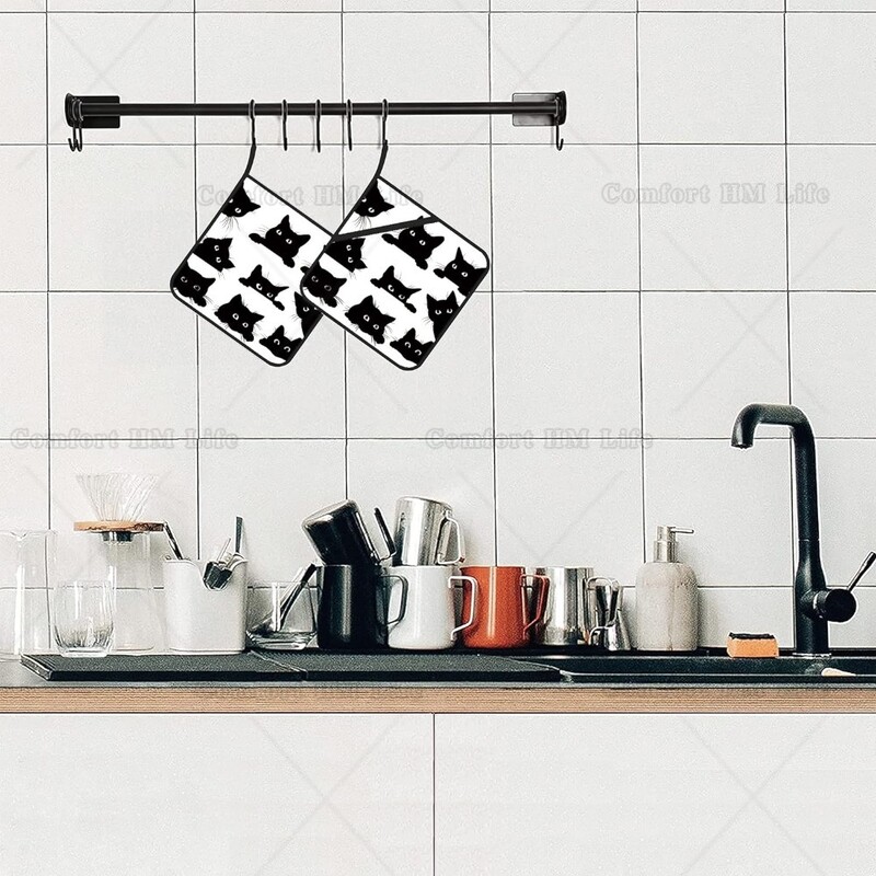 Aranyos fekete macska edénytartó szett 2db konyhai hőálló edénytartó mikrohullámú sütőben való sütéshez sütő végedényekhez és grillezéshez