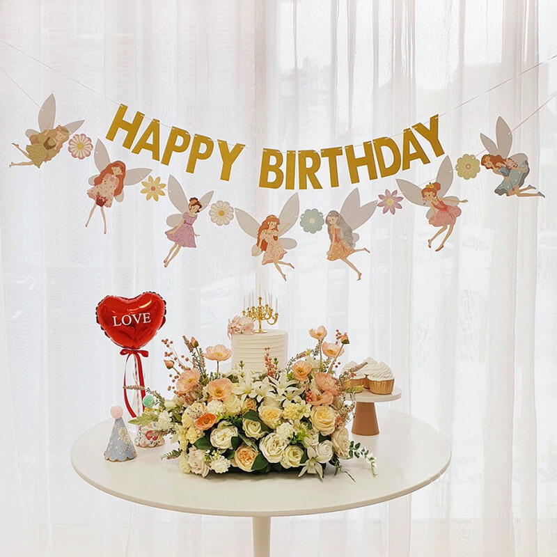 Lányok Virágtündér Arany Boldog születésnapot Garland Sármány Banner Dekoráció 4 5 6 7 8 9 éves Hercegnő témájú buli dekoráció