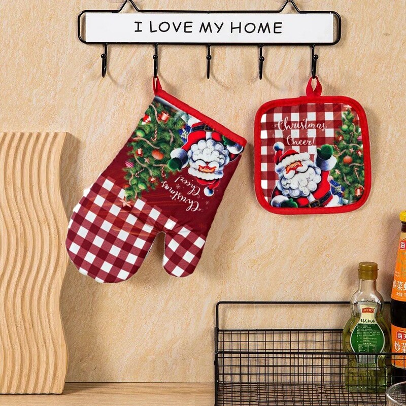 2 vnt./komplektas Izoliacinės Kalėdinės mikrobangų krosnelės pirštinės Puodų laikiklis Tirštinamasis spausdinimas Izoliacinis padėklas Anti-Heat Kalėdinės orkaitės pirštinės