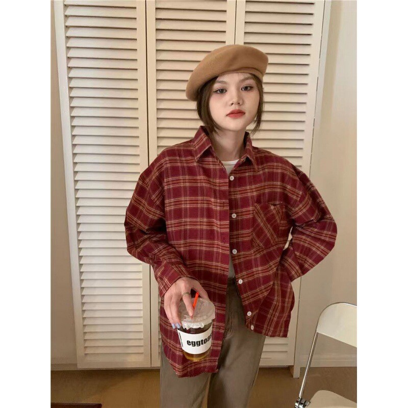 Bordó kockás női ing 2024 ősz új koreai divat kis retro hosszú ujjú ing alkalmi kabát