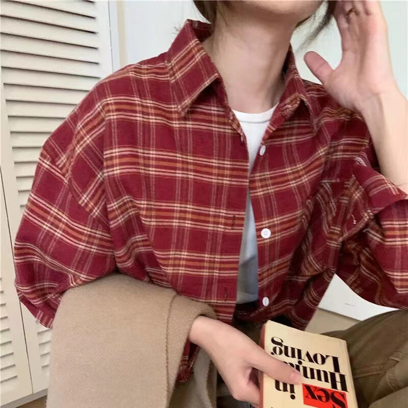 Bordó kockás női ing 2024 ősz új koreai divat kis retro hosszú ujjú ing alkalmi kabát