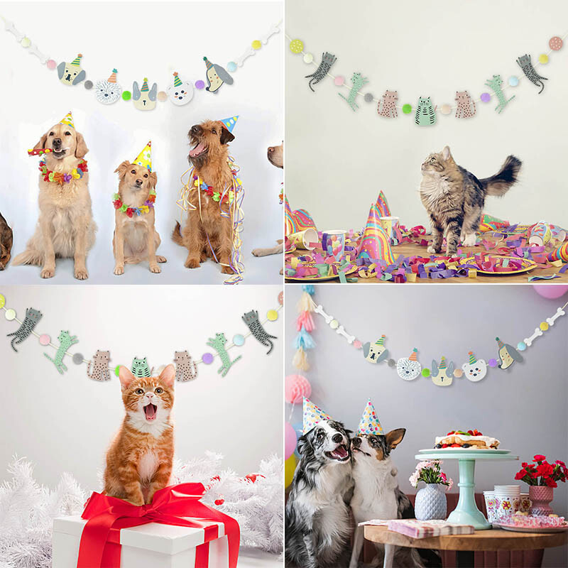 1 szett Lovely Cat Dog Design Papír Banner Sármány Kisállat Születésnapi Party Dekoráció Füzér Babazuhanyhoz Gyerekek Születésnapi Favor Dekor
