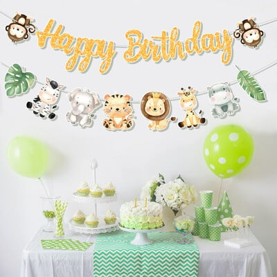 Jungle Animal Boldog születésnapot Garland Banner Szafari Party kellékek 1. Születésnapi Party Díszek Gyerekek Wild One Baby Shower Dekor