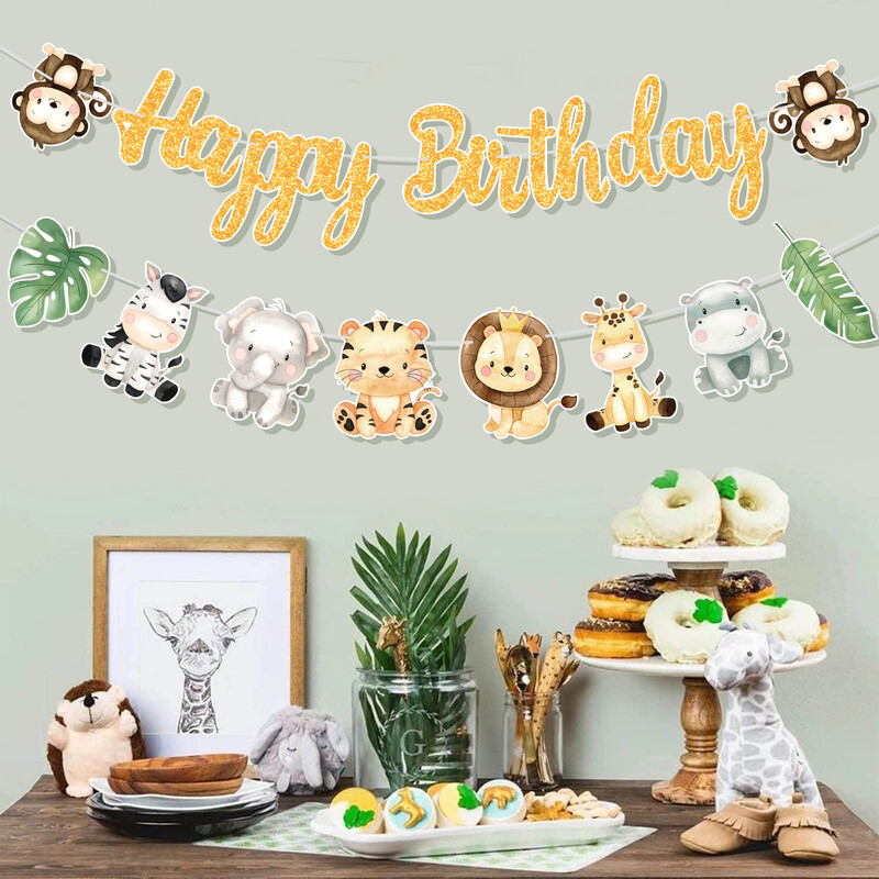 Jungle Animal Boldog születésnapot Garland Banner Szafari Party kellékek 1. Születésnapi Party Díszek Gyerekek Wild One Baby Shower Dekor