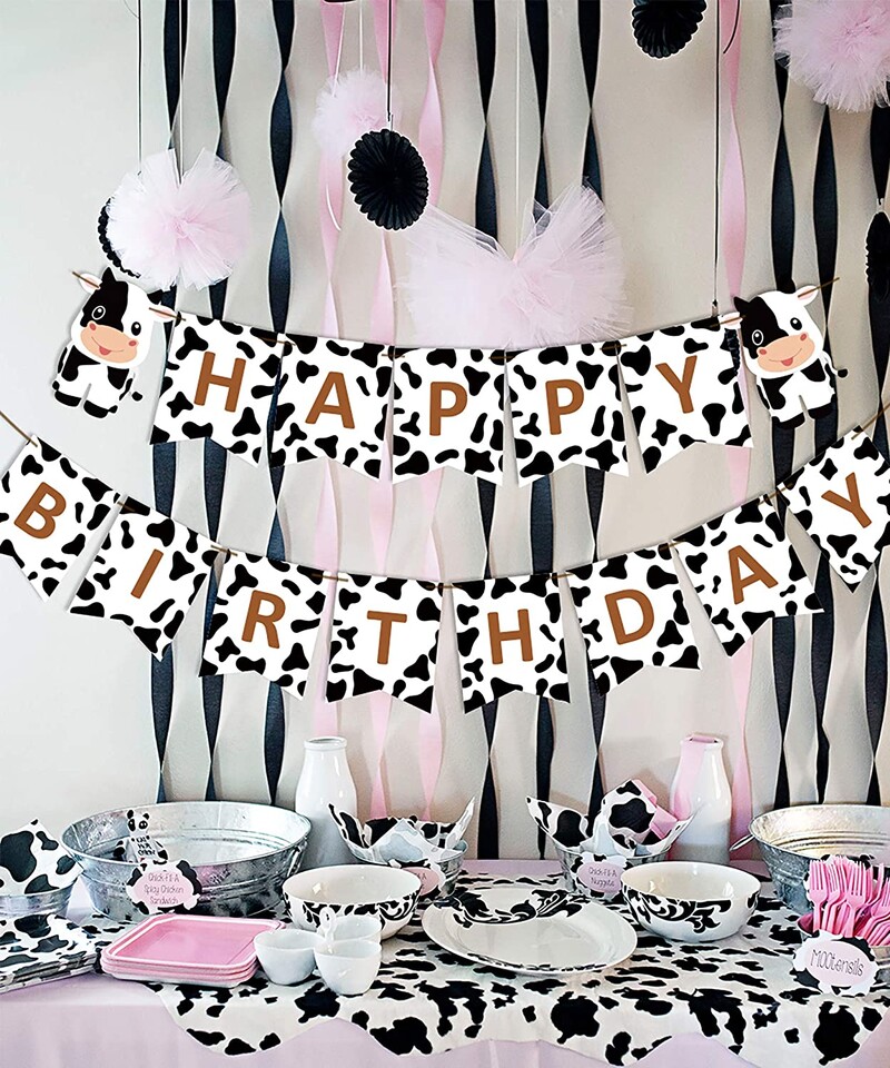 Farm témájú tehén boldog születésnapi szalaghirdetés Barnyard 1. 2. 3. születésnapi parti dekorációi és kellékei