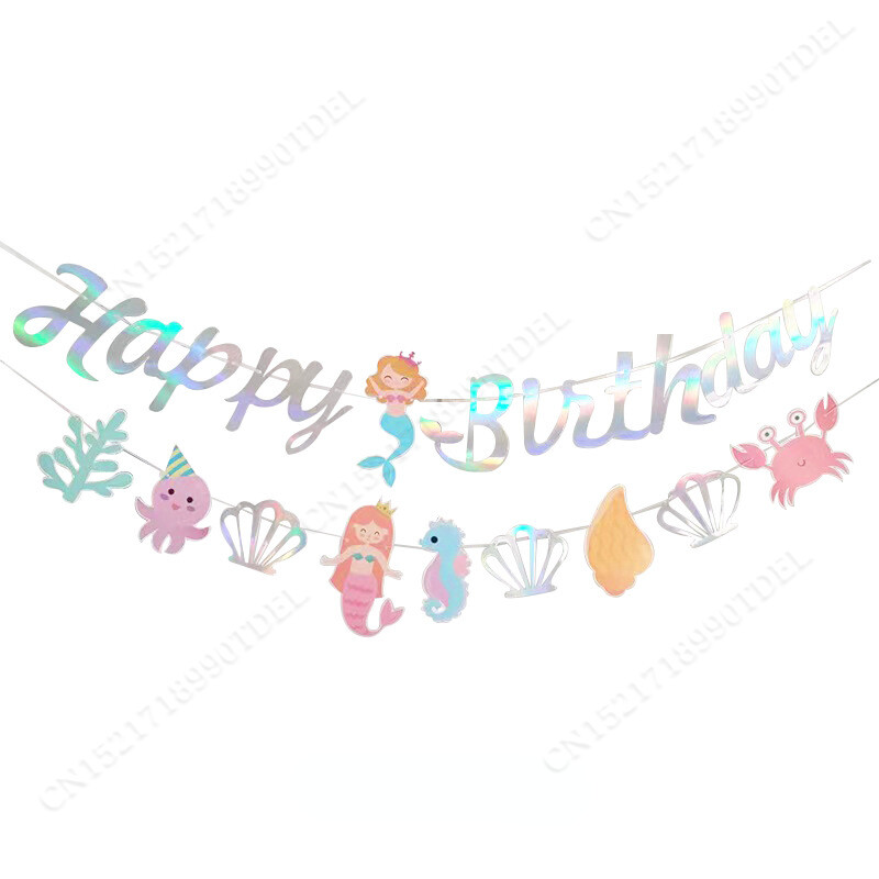 1Szett Boldog születésnapi parti dekoráció sellő zászló a tenger alatt sellő Boldog színes születésnapi szalagfüzér