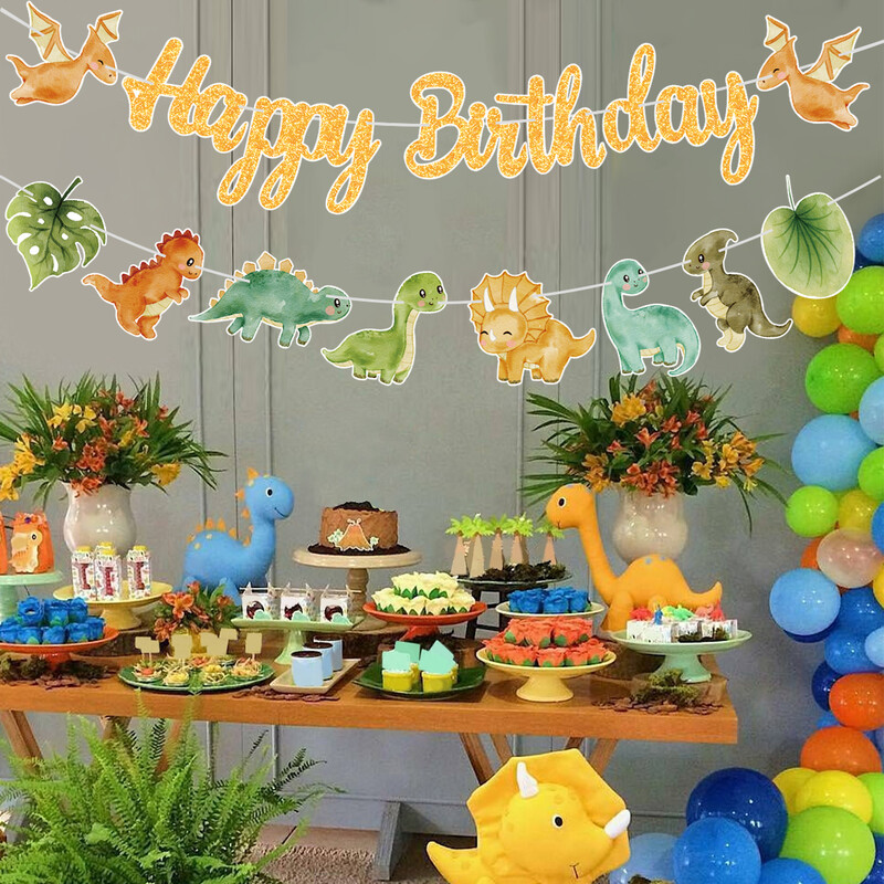 Dinoszaurusz Boldog születésnapot Garland Banner Roar Dino Party Balloons Jungle Animal Safari 1. Kids Születésnapi parti dekorációs kellékek