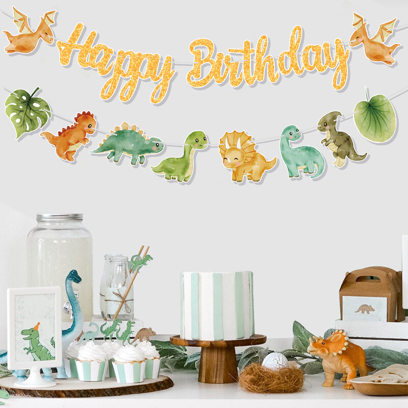 Dinoszaurusz Boldog születésnapot Garland Banner Roar Dino Party Balloons Jungle Animal Safari 1. Kids Születésnapi parti dekorációs kellékek