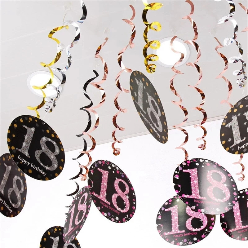 6db PVC örvényfüzér Boldog születésnapot zászló 18 30 40 50 60 70 éves függő díszek felnőtt születésnapi parti dekorációhoz