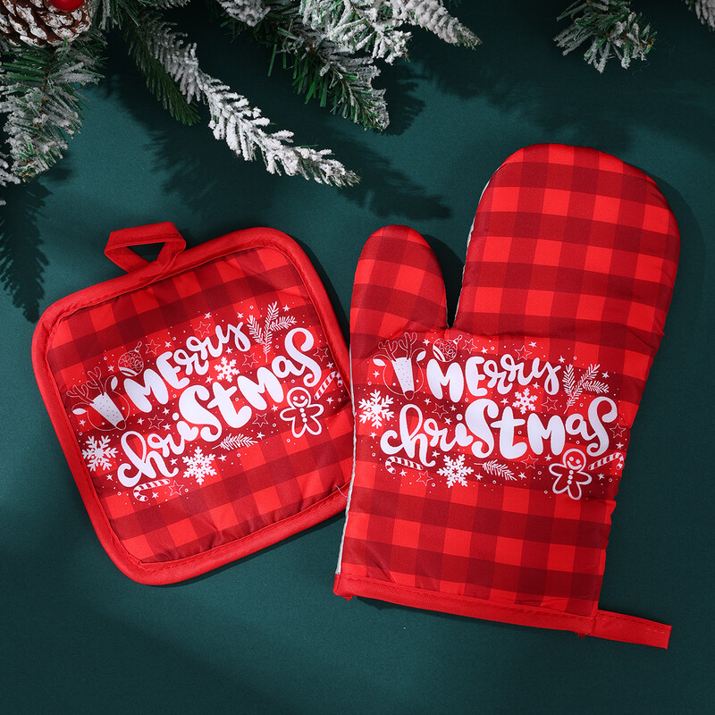 Kalėdinės mikrobangų krosnelės pirštinės Virtuvė Apsaugos nuo nuplikimo kepimo pirštinės Izoliuotas aukštai temperatūrai atsparių orkaitės pirštinių rinkinys