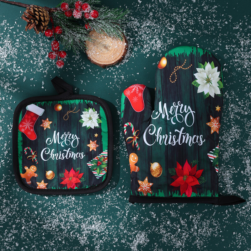 Kalėdinės mikrobangų krosnelės pirštinės Virtuvė Apsaugos nuo nuplikimo kepimo pirštinės Izoliuotas aukštai temperatūrai atsparių orkaitės pirštinių rinkinys