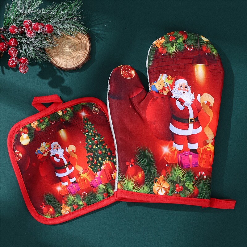 Kalėdinės mikrobangų krosnelės pirštinės Virtuvė Apsaugos nuo nuplikimo kepimo pirštinės Izoliuotas aukštai temperatūrai atsparių orkaitės pirštinių rinkinys