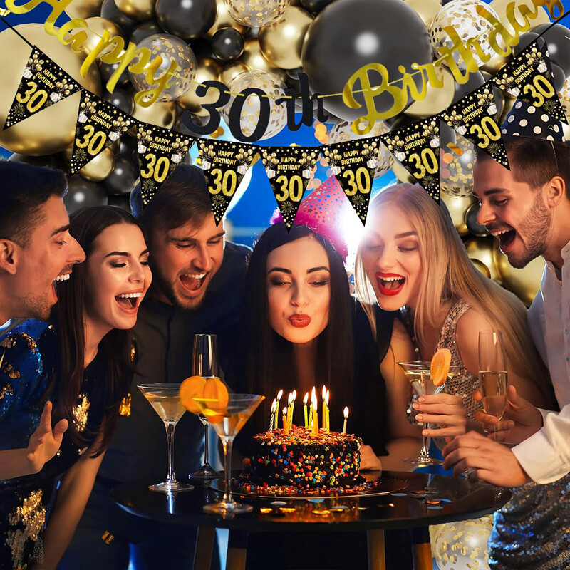 Boldog születésnapot díszítő szalag fekete-arany Boldog 18. 30. 40. 50. 60. születésnapot zászló buli dekorációs kellékek