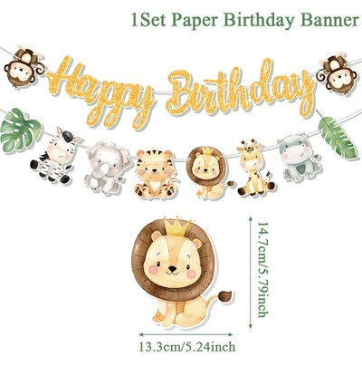 Jungle Animal Boldog születésnapot Garland Banner Szafari Party kellékek 1. Születésnapi Party Díszek Gyerekek Wild One Baby Shower Dekor
