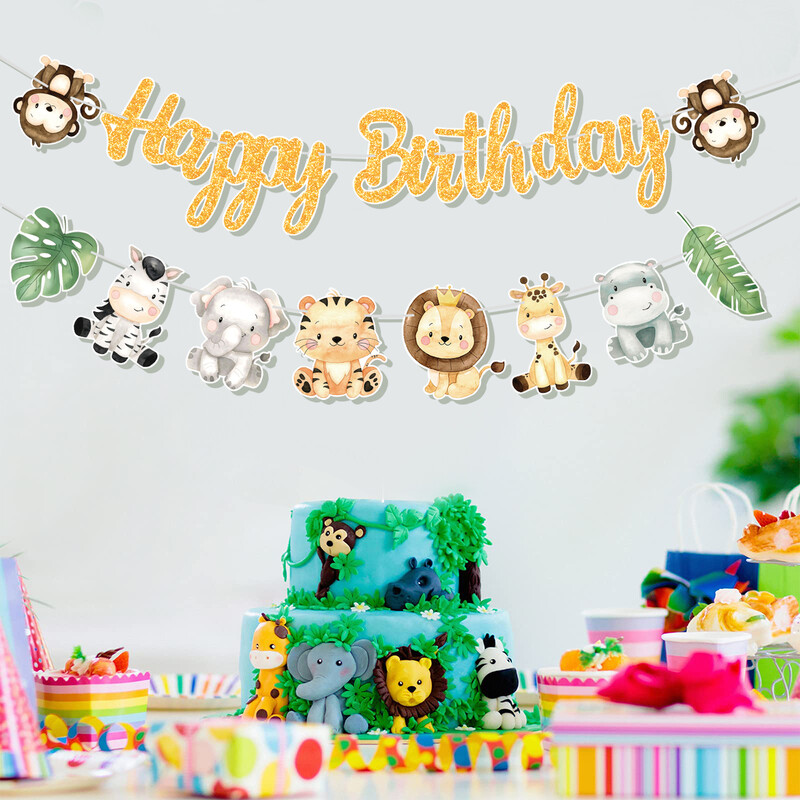 Jungle Animal Boldog születésnapot Garland Banner Szafari Party kellékek 1. Születésnapi Party Díszek Gyerekek Wild One Baby Shower Dekor