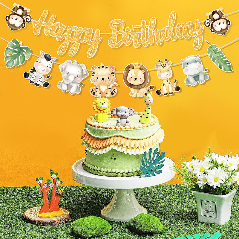 Jungle Animal Boldog születésnapot Garland Banner Szafari Party kellékek 1. Születésnapi Party Díszek Gyerekek Wild One Baby Shower Dekor