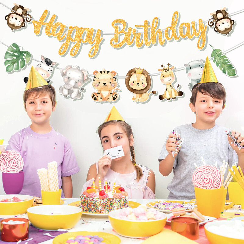 Jungle Animal Boldog születésnapot Garland Banner Szafari Party kellékek 1. Születésnapi Party Díszek Gyerekek Wild One Baby Shower Dekor