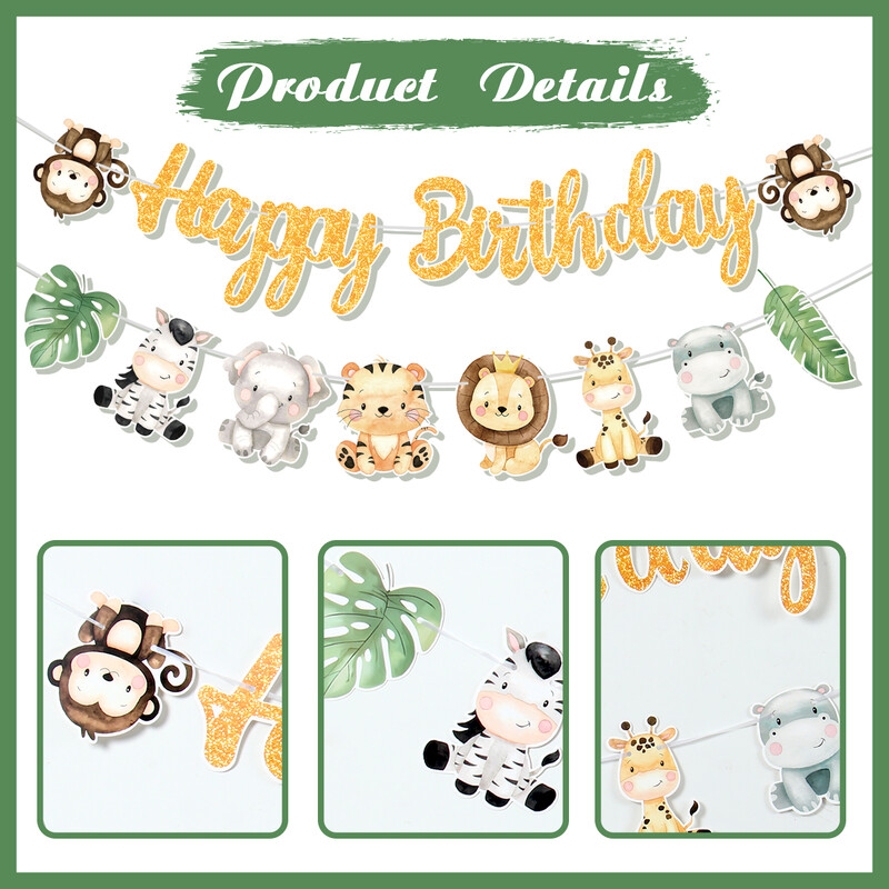 Jungle Animal Boldog születésnapot Garland Banner Szafari Party kellékek 1. Születésnapi Party Díszek Gyerekek Wild One Baby Shower Dekor