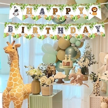 Горско животно Банер за рожден ден Jungle Safari Kids One 1st Birthday Banner Monekey Giraffe Happy Birthday Party Decor HangingFlags