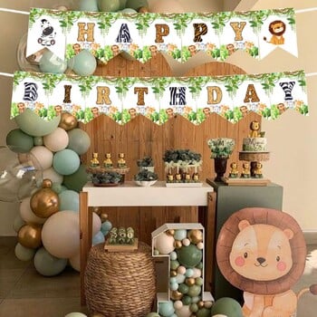 Горско животно Банер за рожден ден Jungle Safari Kids One 1st Birthday Banner Monekey Giraffe Happy Birthday Party Decor HangingFlags