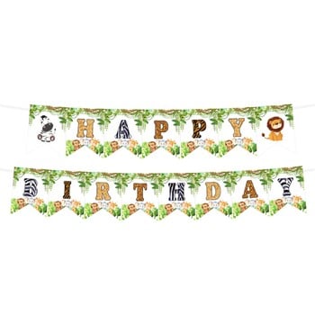 Горско животно Банер за рожден ден Jungle Safari Kids One 1st Birthday Banner Monekey Giraffe Happy Birthday Party Decor HangingFlags