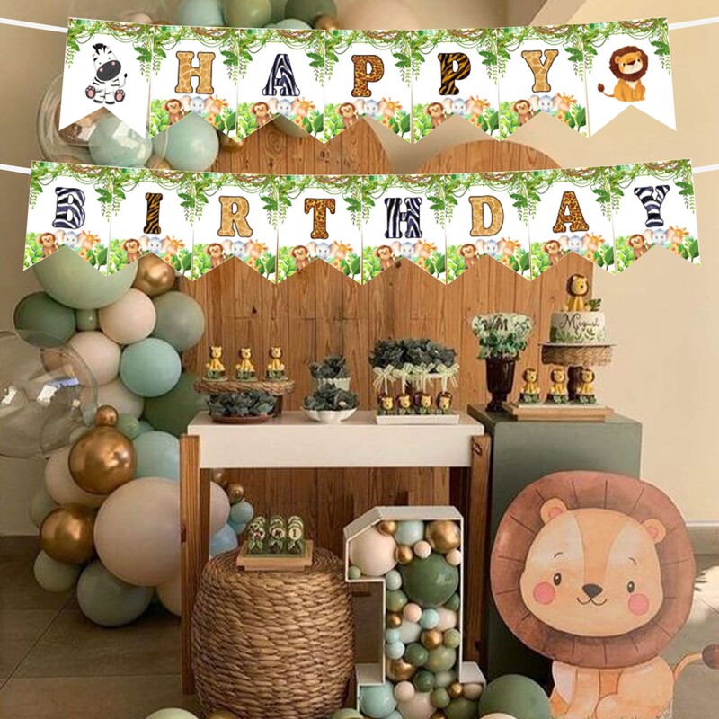 Erdei állatok születésnapi szalaghirdetés dzsungel szafari gyerekeknek egy 1. születésnapi szalaghirdetés majom zsiráf Boldog születésnapi parti dekoráció Függő zászlók