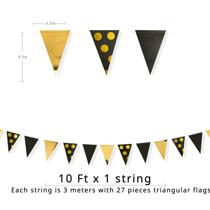 Fekete arany Ballagási díszek Pöttyös zászlós transzparens papír háromszög zászlós sármány füzér születésnapi parti kellékekhez
