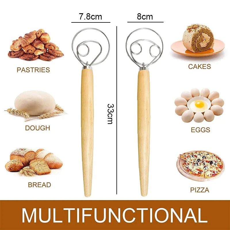 Medinės rankenos daniškas tešlos plakiklis tešlos maišytuvas nerūdijančio plieno olandiško stiliaus duonos tešlos maišytuvas virtuvės kepimo įrankiai