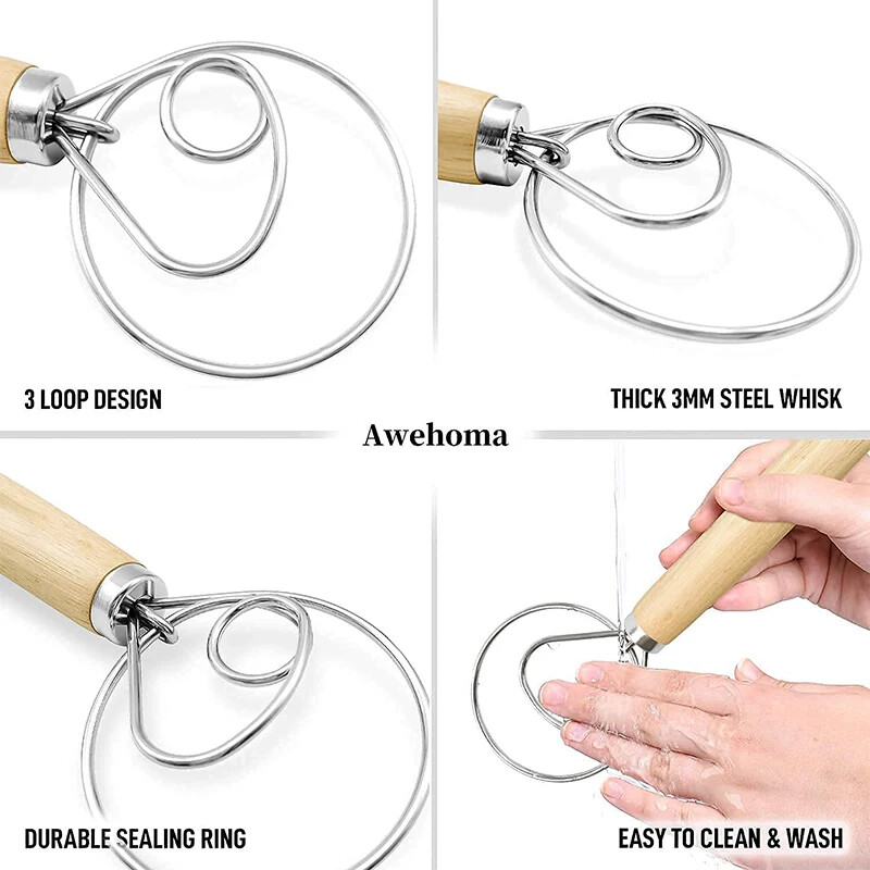 Medinės rankenos daniškas tešlos plakiklis tešlos maišytuvas nerūdijančio plieno olandiško stiliaus duonos tešlos maišytuvas virtuvės kepimo įrankiai