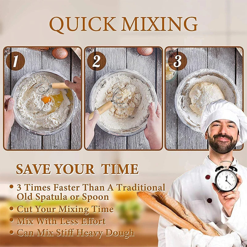 Medinės rankenos daniškas tešlos plakiklis tešlos maišytuvas nerūdijančio plieno olandiško stiliaus duonos tešlos maišytuvas virtuvės kepimo įrankiai