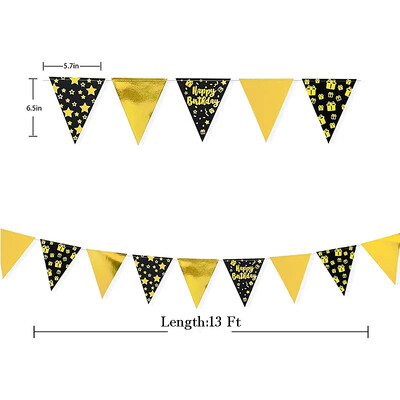 Fekete arany háromszög zászlós zászló fólia pöttyös csíkos papír zászlók sármány füzér születésnapi tyúkparti díszszalagokhoz