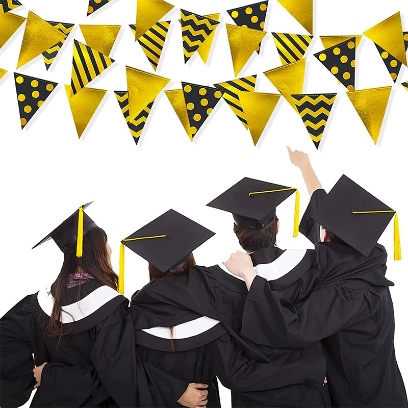 Fekete arany háromszög zászlós zászló fólia pöttyös csíkos papír zászlók sármány füzér születésnapi tyúkparti díszszalagokhoz