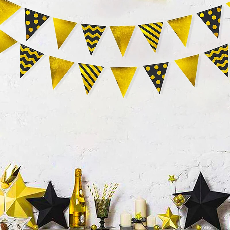 Fekete arany háromszög zászlós zászló fólia pöttyös csíkos papír zászlók sármány füzér születésnapi tyúkparti díszszalagokhoz