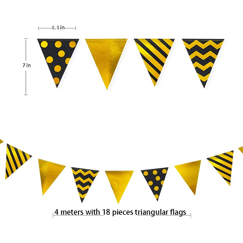 Fekete arany háromszög zászlós zászló fólia pöttyös csíkos papír zászlók sármány füzér születésnapi tyúkparti díszszalagokhoz