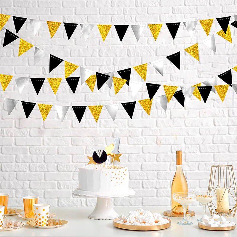 Újévi ballagás, 2024, buli háromszög zászló, fekete arany ezüst transzparens díszek Leánybúcsú születésnapi dekorációs zászlók