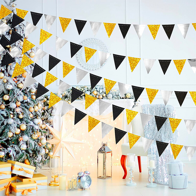 Újévi ballagás, 2024, buli háromszög zászló, fekete arany ezüst transzparens díszek Leánybúcsú születésnapi dekorációs zászlók