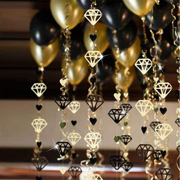 Μεταλλικό χαρτί 13 ποδών μαύρο χρυσό Diamond Heart Love Garlands Κρεμαστό πανό για αρραβωνιαστικές διακοσμήσεις για πάρτι γενεθλίων Bachelorette