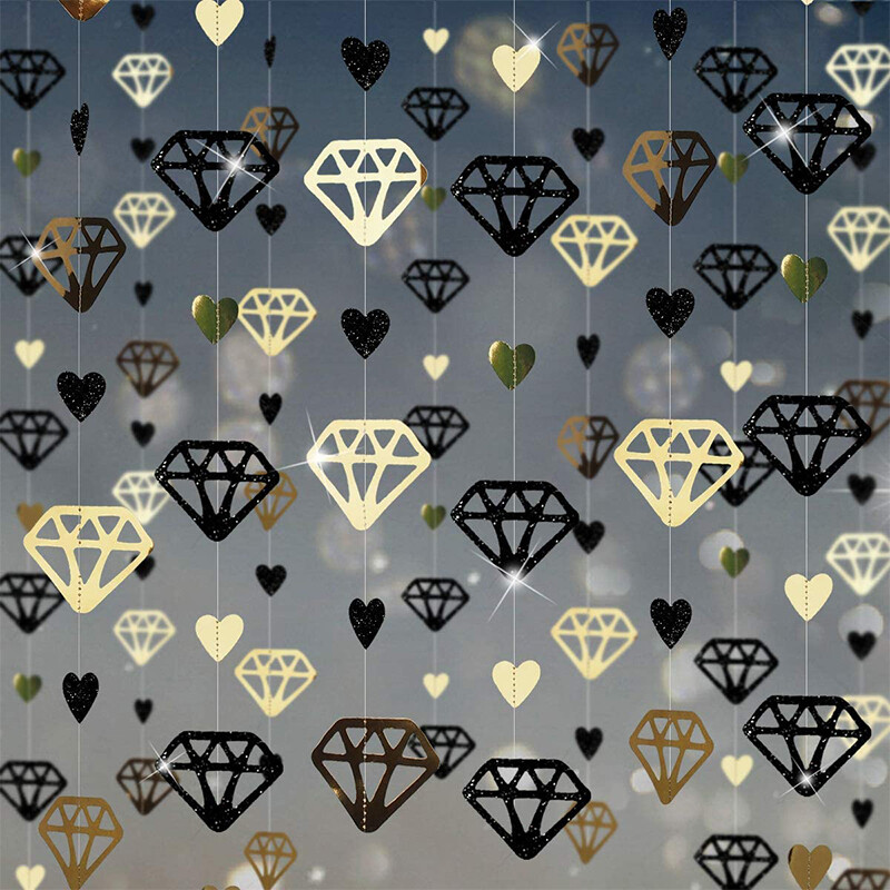 13Ft fémes papír fekete arany gyémánt szív szerelmes füzérek függő transzparens eljegyzéshez legénybúcsú születésnapi buli díszei
