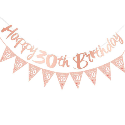Boldog születésnapot, fekete arany 30-as szám, zászlók, függő transzparensek, díszítő férfiak, nők, 30. születésnapi parti háttérdíszek