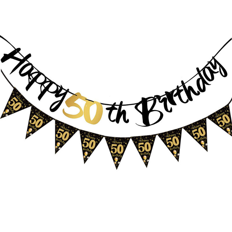 Boldog születésnapot, fekete arany 30-as szám, zászlók, függő transzparensek, díszítő férfiak, nők, 30. születésnapi parti háttérdíszek