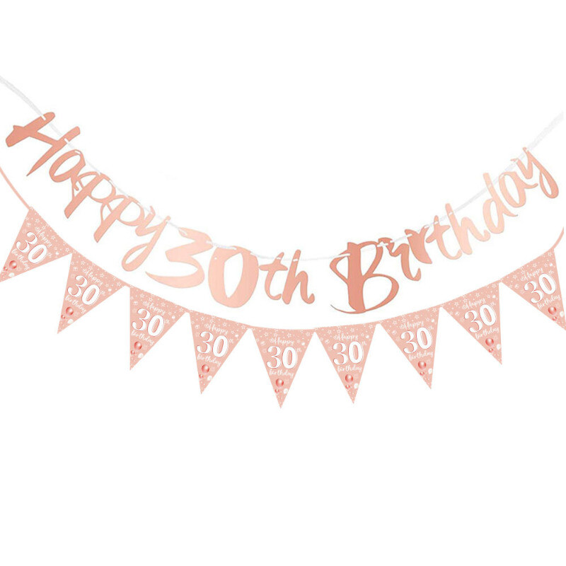 Boldog születésnapot, fekete arany 30-as szám, zászlók, függő transzparensek, díszítő férfiak, nők, 30. születésnapi parti háttérdíszek