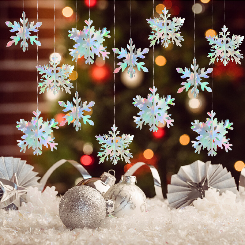 12db karácsonyi 3D függő hópelyhek irizáló papír szivárvány hópelyhek téli fagyos születésnapi parti díszek