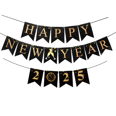 Fekete arany Boldog új évet Banner betűk Spirális örvények Fecskefarkú függő sármány 2025 újévi parti szalagok dekorációi